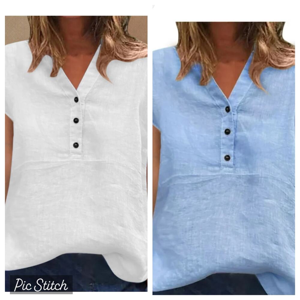 Lightweight V-Neck Button Front Blouses, Lot of 2, Summer Casual Tops
